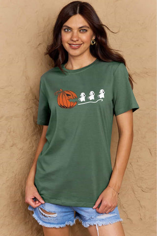 Shop Simply Love Full Size Jack-O'-Lantern Graphic Cotton T-Shirt Now On Klozey Store - Trendy U.S. Premium Women Apparel & Accessories And Be Up-To-Fashion!