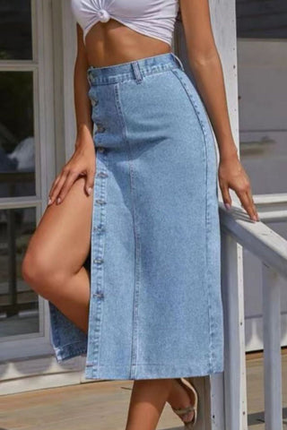 Shop Buttoned Split Denim Skirt Now On Klozey Store - Trendy U.S. Premium Women Apparel & Accessories And Be Up-To-Fashion!