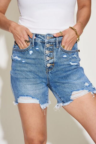 Shop Judy Blue Full Size Ripped Button Fly Denim Shorts Now On Klozey Store - Trendy U.S. Premium Women Apparel & Accessories And Be Up-To-Fashion!