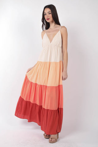 Shop VERY J Color Block Tiered Maxi Cami Dress Now On Klozey Store - Trendy U.S. Premium Women Apparel & Accessories And Be Up-To-Fashion!