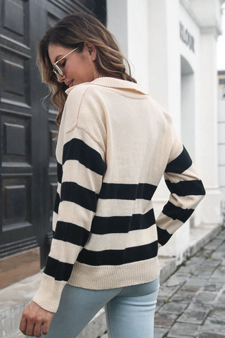 Shop Striped Johnny Collar Sweater Now On Klozey Store - Trendy U.S. Premium Women Apparel & Accessories And Be Up-To-Fashion!