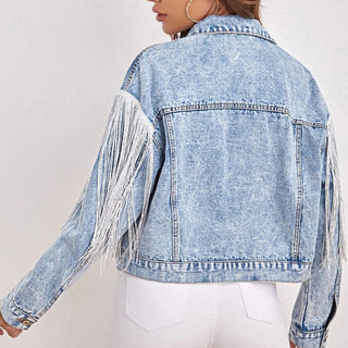 Shop Fringe Detail Collared Neck Long Sleeve Denim Jacket Now On Klozey Store - Trendy U.S. Premium Women Apparel & Accessories And Be Up-To-Fashion!