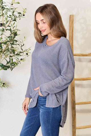 Shop Basic Bae Waffle-Knit Round Neck Long Sleeve Slit Sweatshirt Now On Klozey Store - Trendy U.S. Premium Women Apparel & Accessories And Be Up-To-Fashion!