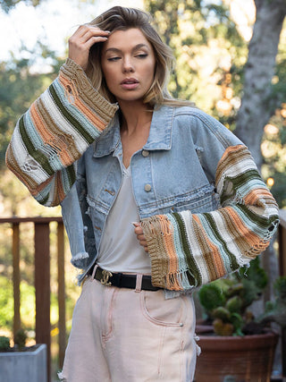 Shop Distressed Striped Long Sleeve Denim Jacket Now On Klozey Store - Trendy U.S. Premium Women Apparel & Accessories And Be Up-To-Fashion!