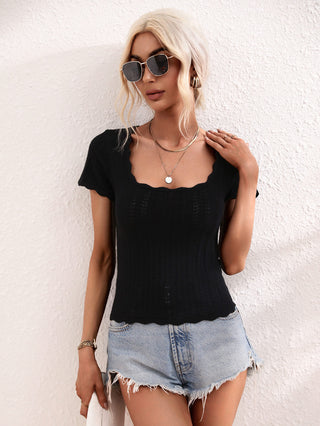 Shop Scalloped Hem Square Neck Knit Top Now On Klozey Store - Trendy U.S. Premium Women Apparel & Accessories And Be Up-To-Fashion!