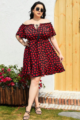 Shop Plus Size Heart Print Off-Shoulder Tied Dress Now On Klozey Store - Trendy U.S. Premium Women Apparel & Accessories And Be Up-To-Fashion!
