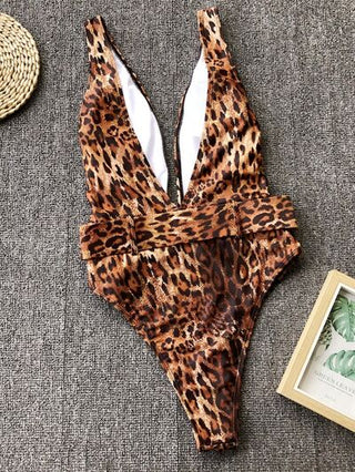 Shop Leopard Plunge Wide Strap Sleeveless One-Piece Swimwear Now On Klozey Store - Trendy U.S. Premium Women Apparel & Accessories And Be Up-To-Fashion!