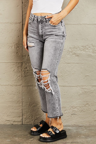 Shop BAYEAS Acid Wash Distressed Cropped Straight Jeans Now On Klozey Store - Trendy U.S. Premium Women Apparel & Accessories And Be Up-To-Fashion!