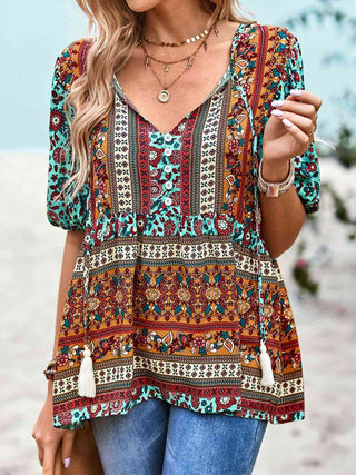 Shop Bohemian Tie Neck Babydoll Blouse Now On Klozey Store - Trendy U.S. Premium Women Apparel & Accessories And Be Up-To-Fashion!