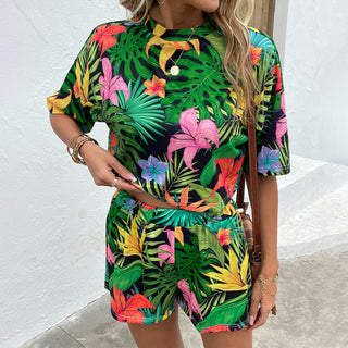 Shop Floral Print Round Neck Dropped Shoulder Half Sleeve Top and Shorts Set Now On Klozey Store - Trendy U.S. Premium Women Apparel & Accessories And Be Up-To-Fashion!