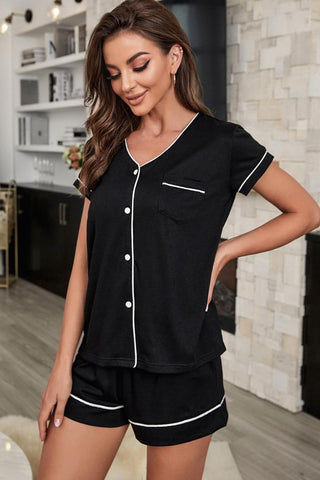 Shop Contrast Piping Button-Up Top and Shorts Pajama Set Now On Klozey Store - Trendy U.S. Premium Women Apparel & Accessories And Be Up-To-Fashion!