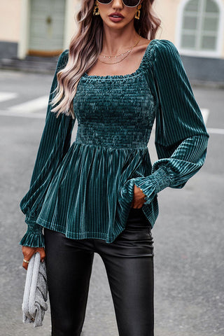 Shop Smocked Square Neck Long Sleeve Blouse Now On Klozey Store - Trendy U.S. Premium Women Apparel & Accessories And Be Up-To-Fashion!