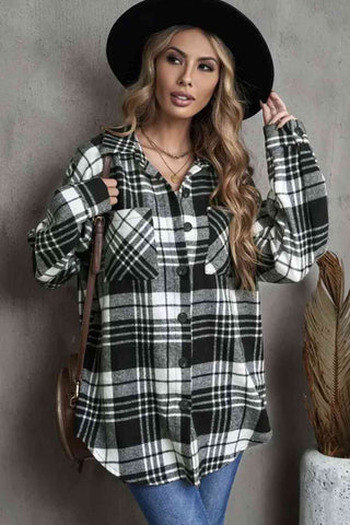 Shop Plaid Collared Neck Button Up Jacket with Pockets Now On Klozey Store - Trendy U.S. Premium Women Apparel & Accessories And Be Up-To-Fashion!