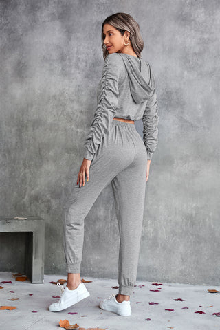 Shop Ruched Raglan Sleeve Hoodie and Joggers Set Now On Klozey Store - Trendy U.S. Premium Women Apparel & Accessories And Be Up-To-Fashion!