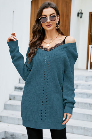 Shop Openwork V-Neck Long Sleeve Sweater Now On Klozey Store - Trendy U.S. Premium Women Apparel & Accessories And Be Up-To-Fashion!
