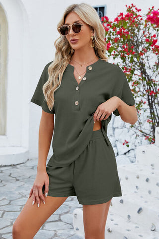 Shop Notched Button Detail Dropped Shoulder Top and Shorts Set Now On Klozey Store - Trendy U.S. Premium Women Apparel & Accessories And Be Up-To-Fashion!