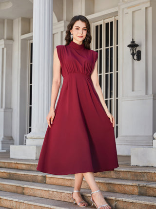 Shop Ruched Mock Neck Cap Sleeve Midi Dress Now On Klozey Store - Trendy U.S. Premium Women Apparel & Accessories And Be Up-To-Fashion!
