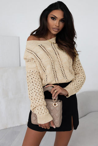 Shop Full Size Openwork Cable-Knit Round Neck Knit Top Now On Klozey Store - Trendy U.S. Premium Women Apparel & Accessories And Be Up-To-Fashion!