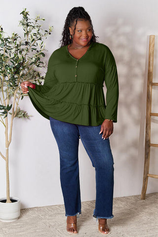 Shop Double Take Half Button Long Sleeve Ruffle Hem Blouse Now On Klozey Store - Trendy U.S. Premium Women Apparel & Accessories And Be Up-To-Fashion!