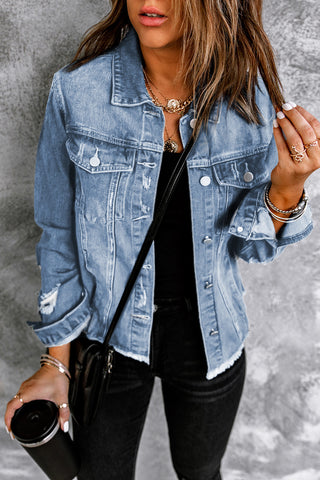 Shop Distressed Raw Hem Denim Jacket Now On Klozey Store - Trendy U.S. Premium Women Apparel & Accessories And Be Up-To-Fashion!