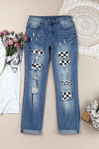 Shop Baeful Checkered Patchwork Mid Waist Distressed Jeans Now On Klozey Store - Trendy U.S. Premium Women Apparel & Accessories And Be Up-To-Fashion!