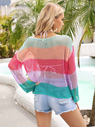 Shop Color Block Openwork Boat Neck Cover Up Now On Klozey Store - Trendy U.S. Premium Women Apparel & Accessories And Be Up-To-Fashion!