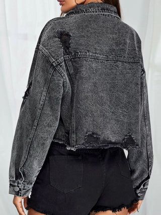 Shop Collared Neck Dropped Shoulder Button-Down Denim Jacket Now On Klozey Store - Trendy U.S. Premium Women Apparel & Accessories And Be Up-To-Fashion!