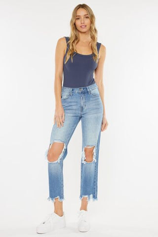 Shop Kancan High Waist Chewed Up Straight Mom Jeans Now On Klozey Store - Trendy U.S. Premium Women Apparel & Accessories And Be Up-To-Fashion!