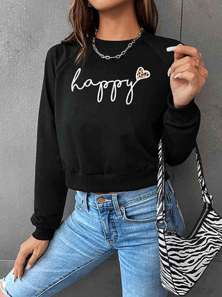 Shop Raglan Sleeve HAPPY Graphic Sweatshirt Now On Klozey Store - Trendy U.S. Premium Women Apparel & Accessories And Be Up-To-Fashion!