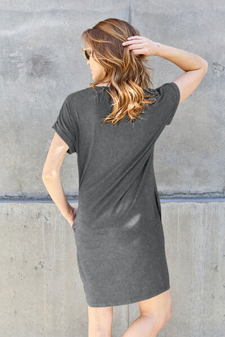 Shop Basic Bae Full Size Round Neck Short Sleeve Dress with Pockets Now On Klozey Store - Trendy U.S. Premium Women Apparel & Accessories And Be Up-To-Fashion!