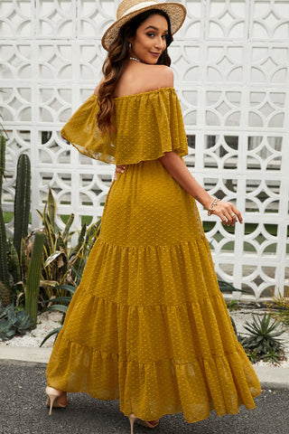 Shop Swiss Dot Off-Shoulder Tiered Maxi Dress Now On Klozey Store - Trendy U.S. Premium Women Apparel & Accessories And Be Up-To-Fashion!