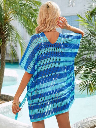 Shop Tassel Openwork Striped V-Neck Cover Up Now On Klozey Store - Trendy U.S. Premium Women Apparel & Accessories And Be Up-To-Fashion!