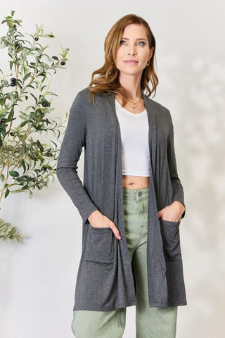 Shop Celeste Full Size Open Front Cardigan with Pockets Now On Klozey Store - Trendy U.S. Premium Women Apparel & Accessories And Be Up-To-Fashion!
