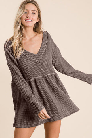 Shop BiBi Waffle Knit V-Neck Babydoll Blouse Now On Klozey Store - Trendy U.S. Premium Women Apparel & Accessories And Be Up-To-Fashion!