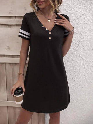 Shop Striped Short Sleeve Decorative Button Dress Now On Klozey Store - Trendy U.S. Premium Women Apparel & Accessories And Be Up-To-Fashion!