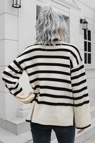 Shop Striped Turtleneck Drop Shoulder Sweater Now On Klozey Store - Trendy U.S. Premium Women Apparel & Accessories And Be Up-To-Fashion!