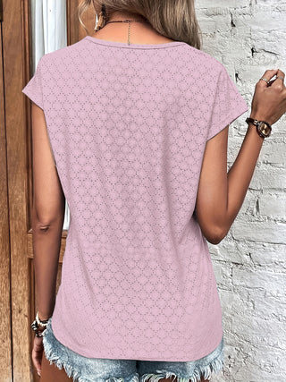 Shop Eyelet V-Neck Cap Sleeve Blouse Now On Klozey Store - Trendy U.S. Premium Women Apparel & Accessories And Be Up-To-Fashion!