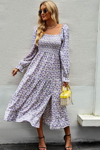 Shop Floral Smocked Square Neck Slit Midi Dress Now On Klozey Store - Trendy U.S. Premium Women Apparel & Accessories And Be Up-To-Fashion!