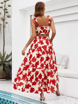 Shop Floral Tie Shoulder Top and Tiered Maxi Skirt Set Now On Klozey Store - Trendy U.S. Premium Women Apparel & Accessories And Be Up-To-Fashion!