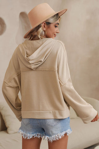 Shop Quarter-Button Exposed Seam Dropped Shoulder Hoodie Now On Klozey Store - Trendy U.S. Premium Women Apparel & Accessories And Be Up-To-Fashion!