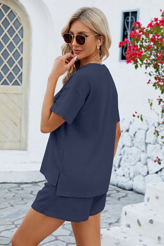 Shop Notched Button Detail Dropped Shoulder Top and Shorts Set Now On Klozey Store - Trendy U.S. Premium Women Apparel & Accessories And Be Up-To-Fashion!