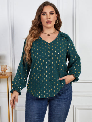 Shop Plus Size Printed Frill Trim Flounce Sleeve Blouse Now On Klozey Store - Trendy U.S. Premium Women Apparel & Accessories And Be Up-To-Fashion!