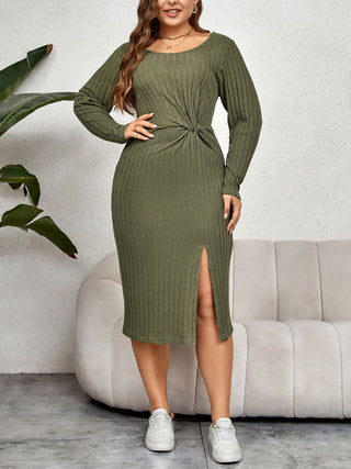 Shop Plus Size Ribbed Round Neck Twisted Slit Midi Dress Now On Klozey Store - Trendy U.S. Premium Women Apparel & Accessories And Be Up-To-Fashion!