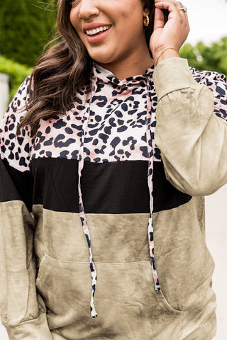 Shop Plus Size Leopard Print Color Block Hoodie with Kangaroo Pocket Now On Klozey Store - Trendy U.S. Premium Women Apparel & Accessories And Be Up-To-Fashion!