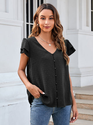 Shop Swiss Dot Layered Flutter Sleeve Shirt Now On Klozey Store - Trendy U.S. Premium Women Apparel & Accessories And Be Up-To-Fashion!