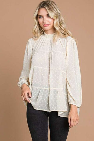 Shop Culture Code Full Size Swiss Dot Smocked Mock Neck Blouse Now On Klozey Store - Trendy U.S. Premium Women Apparel & Accessories And Be Up-To-Fashion!