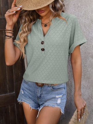 Shop Eyelet Notched Short Sleeve T-Shirt Now On Klozey Store - Trendy U.S. Premium Women Apparel & Accessories And Be Up-To-Fashion!
