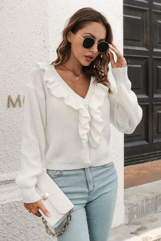 Shop Ruffle Trim Button-Down Dropped Shoulder Sweater Now On Klozey Store - Trendy U.S. Premium Women Apparel & Accessories And Be Up-To-Fashion!