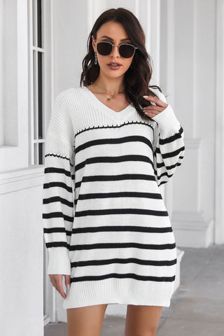 Shop Striped V-Neck Drop Shulder Sweater Dress Now On Klozey Store - Trendy U.S. Premium Women Apparel & Accessories And Be Up-To-Fashion!