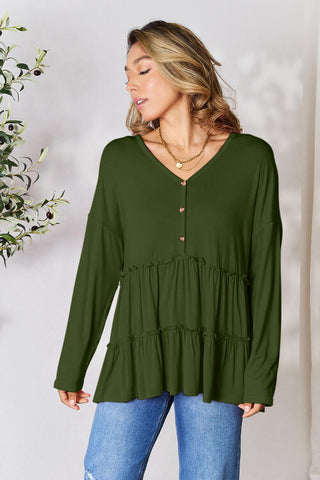 Shop Double Take Half Button Long Sleeve Ruffle Hem Blouse Now On Klozey Store - Trendy U.S. Premium Women Apparel & Accessories And Be Up-To-Fashion!